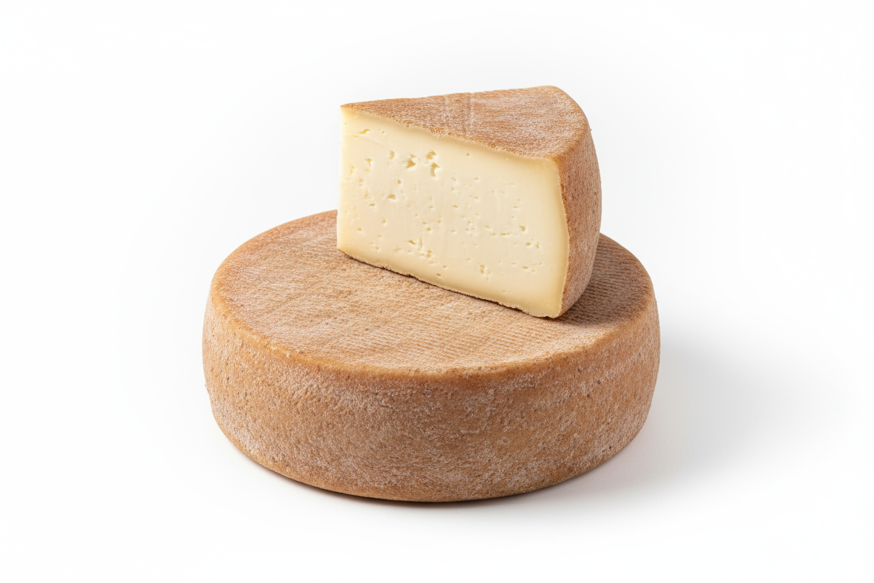 Une meule de Tomme de Brebis basque en entier par dessus la quelle est posée un quart d'une autre meule de Tomme de brebis Basque. Le fond est blanc, comme si la photo avait était faite en studio, avec une belle lumière pour mettre le produit en valeur. Attention il n'y a pas de trous dans ce fromage