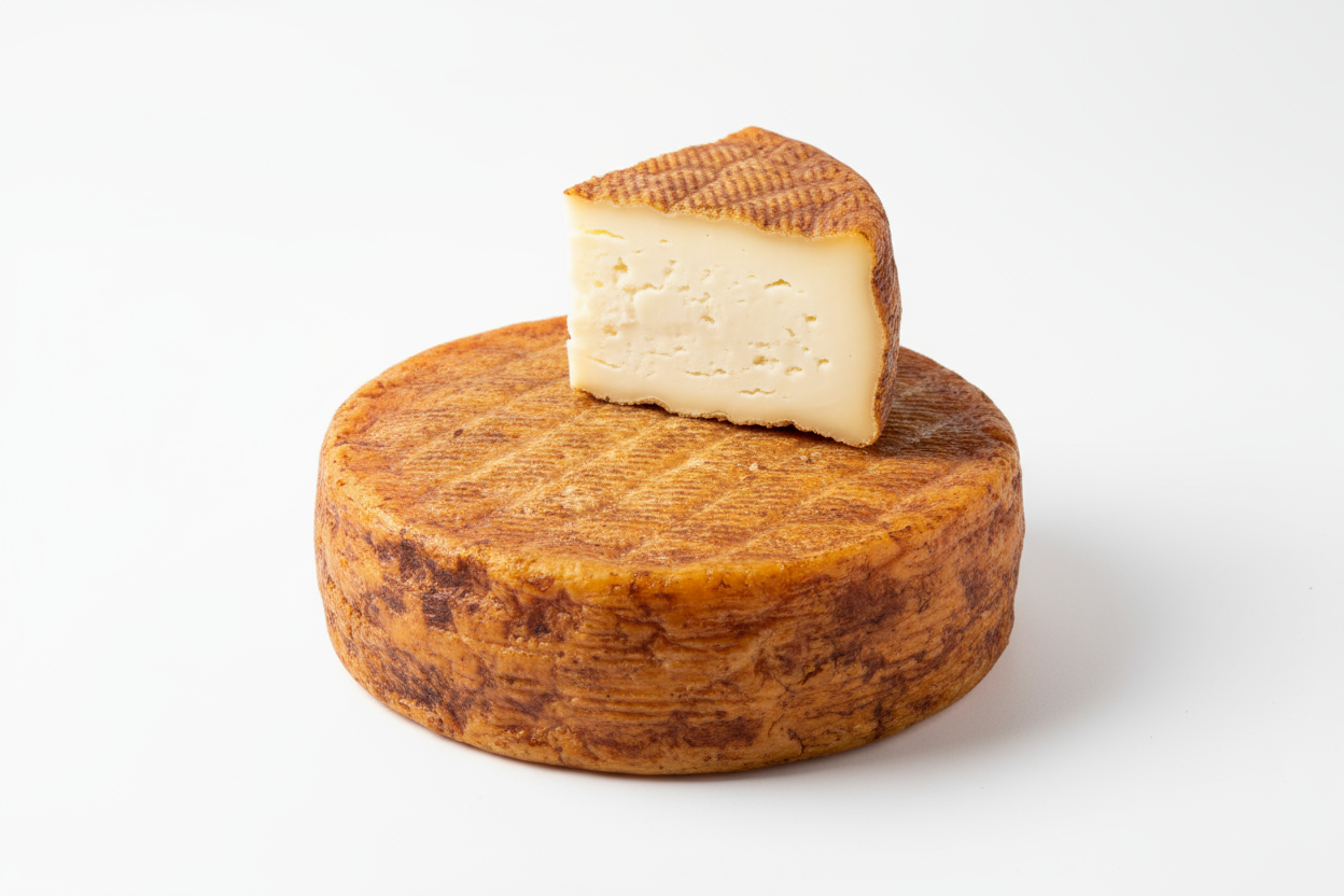 Une meule entière de Fumaison du Castillant (brebis fumé) par dessus la quelle est posé un quart d'une autre fumaison du Castillant (brebis fumé). Le fond est blanc comme si la photo avais était faite dans un studio avec une lumière blanche, pour mettre en valeur le fromage et ses couleurs