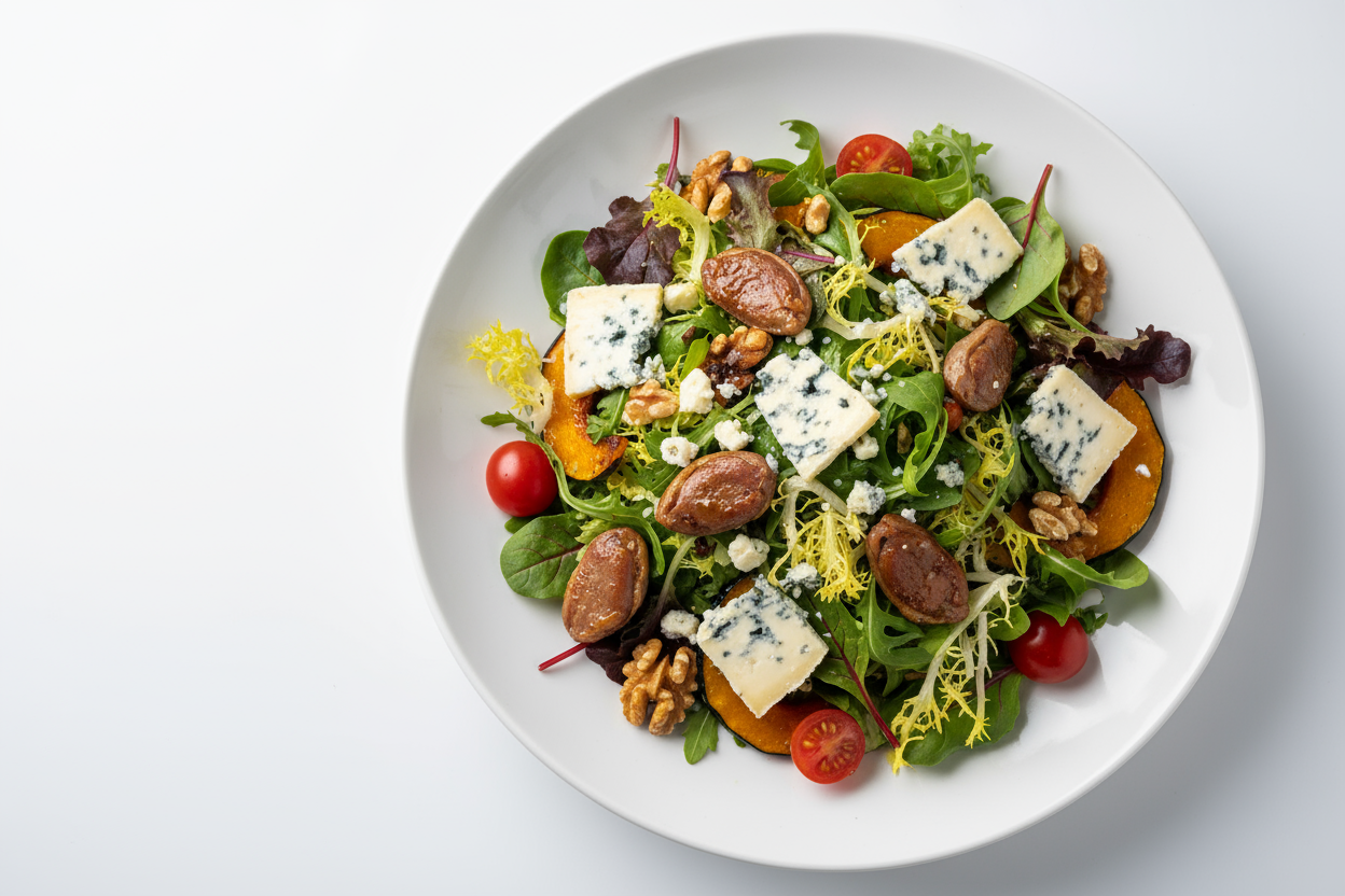 Un exemple de plat (comme une salade d'automne) dans la quelle est disposé du Bleu de brebis. Le fond est blanc, la salade est dans une assiette blanche ronde avec des bords doux. La salade est coloré avec du gésier, des noix du bleu de brebis...